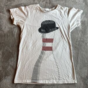 Threadless White Tee with Bowler Hat and Bowling Pin Design